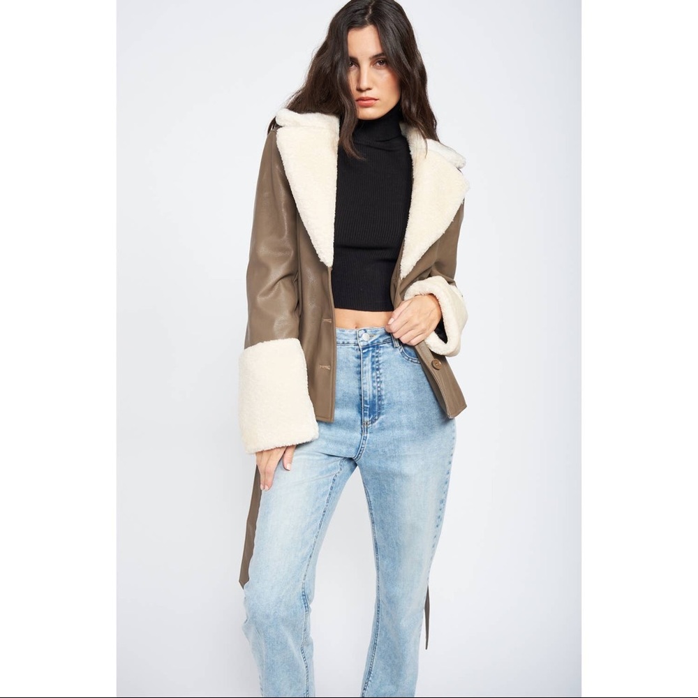 PRICE DROP Belted Faux Shearling Trimmed Taupe Leather Jacket - Picture 7 of 10